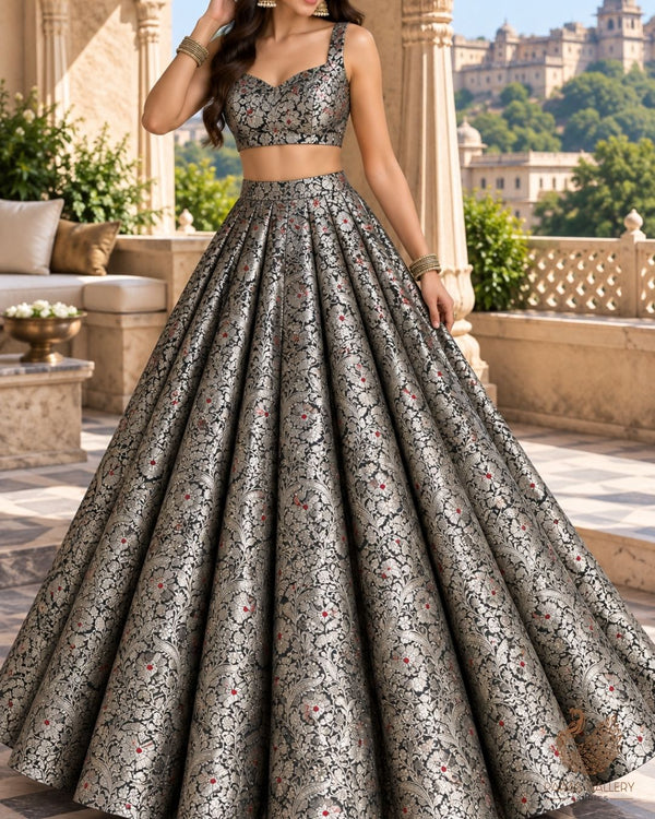 Black Banarasi Brocade Fabric With All Over Thread And Zari Handloom 24269