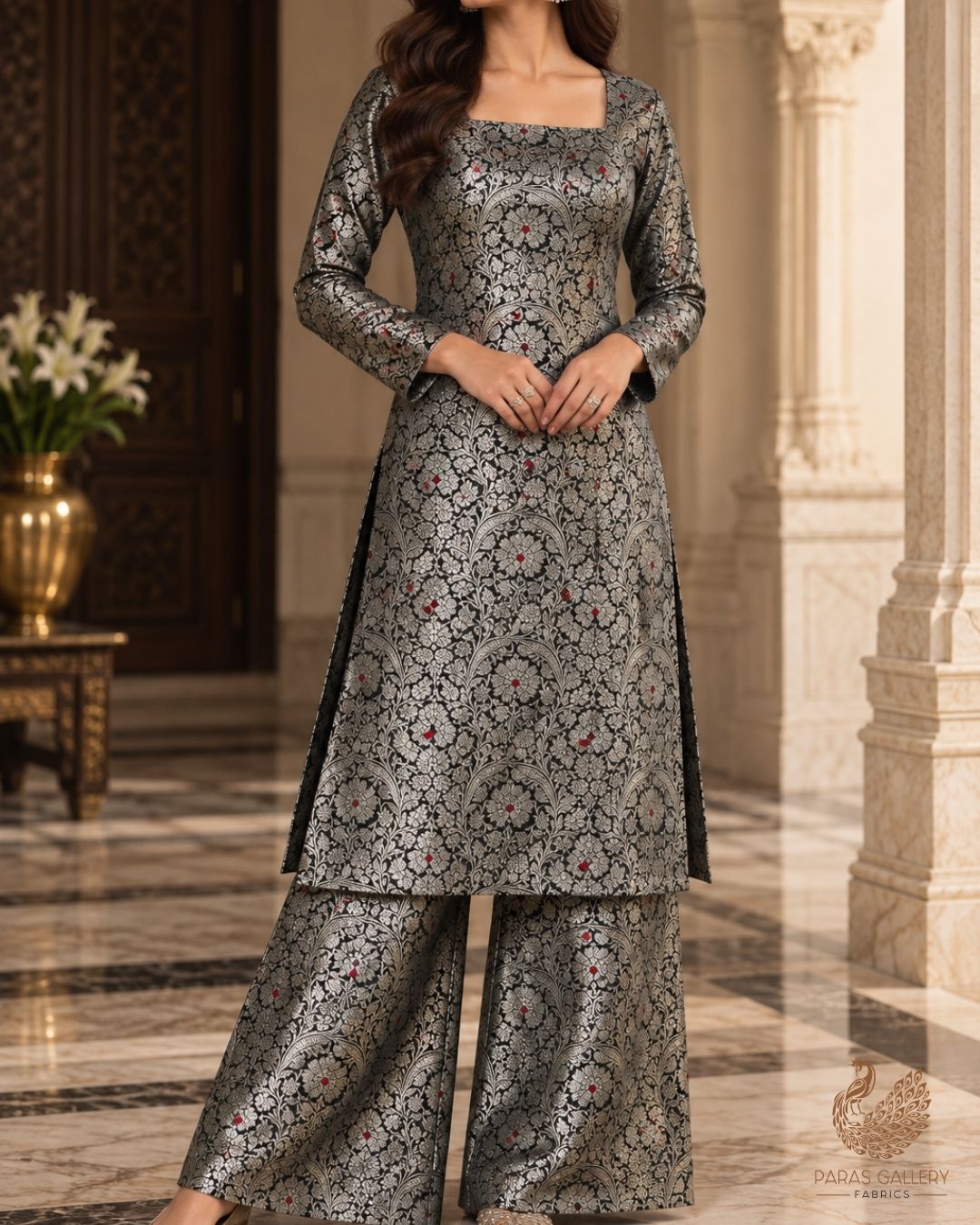 Black Banarasi Brocade Fabric With All Over Thread And Zari Handloom 24269