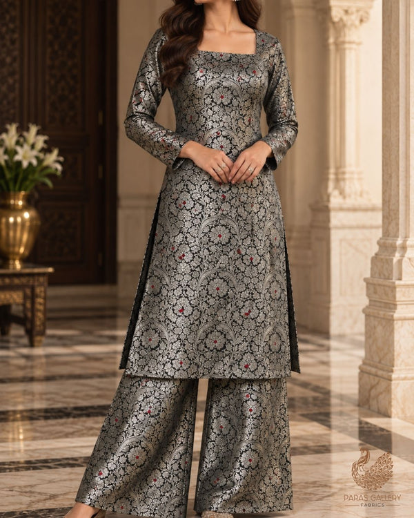 Black Banarasi Brocade Fabric With All Over Thread And Zari Handloom 24269