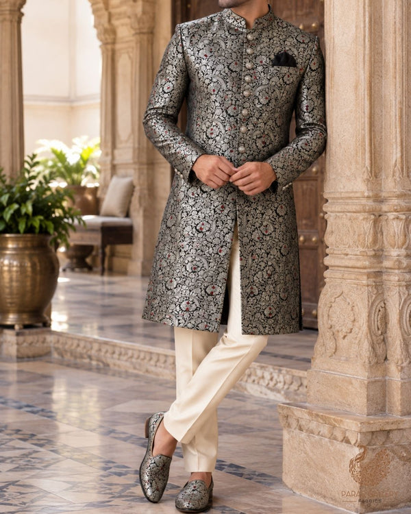 Black Banarasi Brocade Fabric With All Over Thread And Zari Handloom 24269