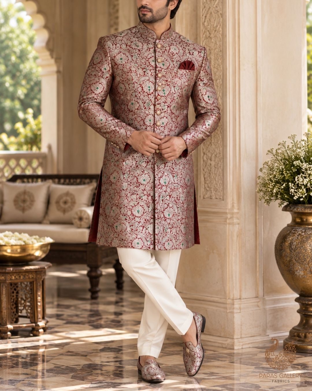 Maroon Banarasi Brocade Fabric With All Over Thread And Zari Handloom 24270