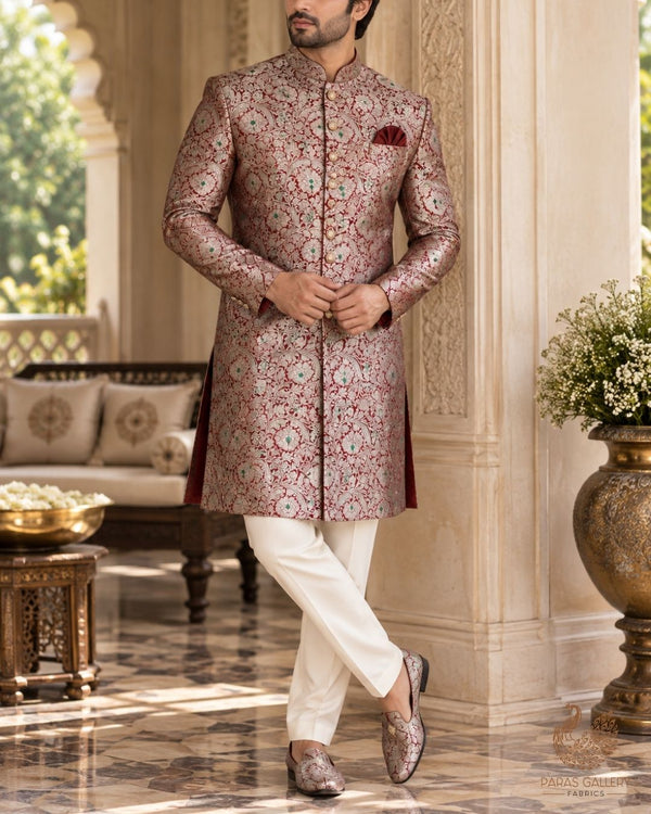 Maroon Banarasi Brocade Fabric With All Over Thread And Zari Handloom 24270