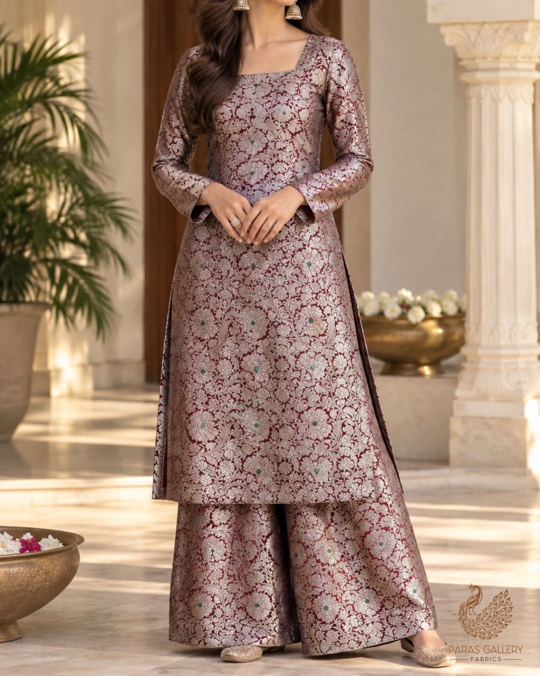 Maroon Banarasi Brocade Fabric With All Over Thread And Zari Handloom 24270