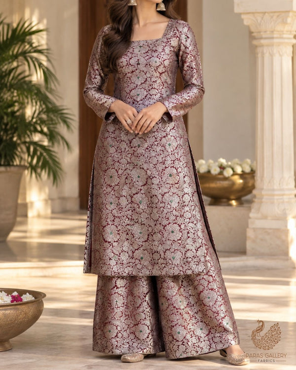 Maroon Banarasi Brocade Fabric With All Over Thread And Zari Handloom 24270