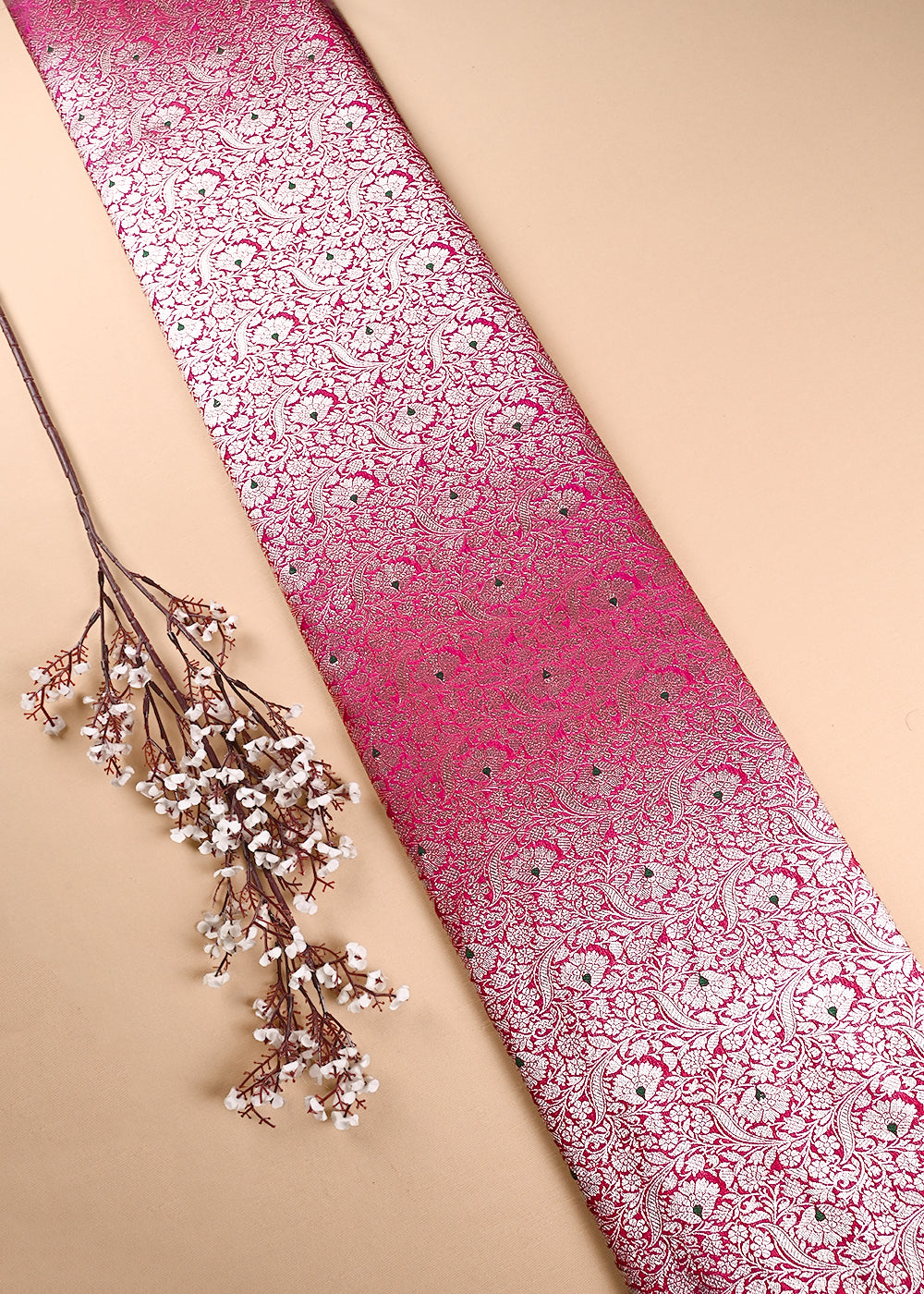 Pink Banarasi Brocade Fabric With All Over Thread And Zari Handloom 24271
