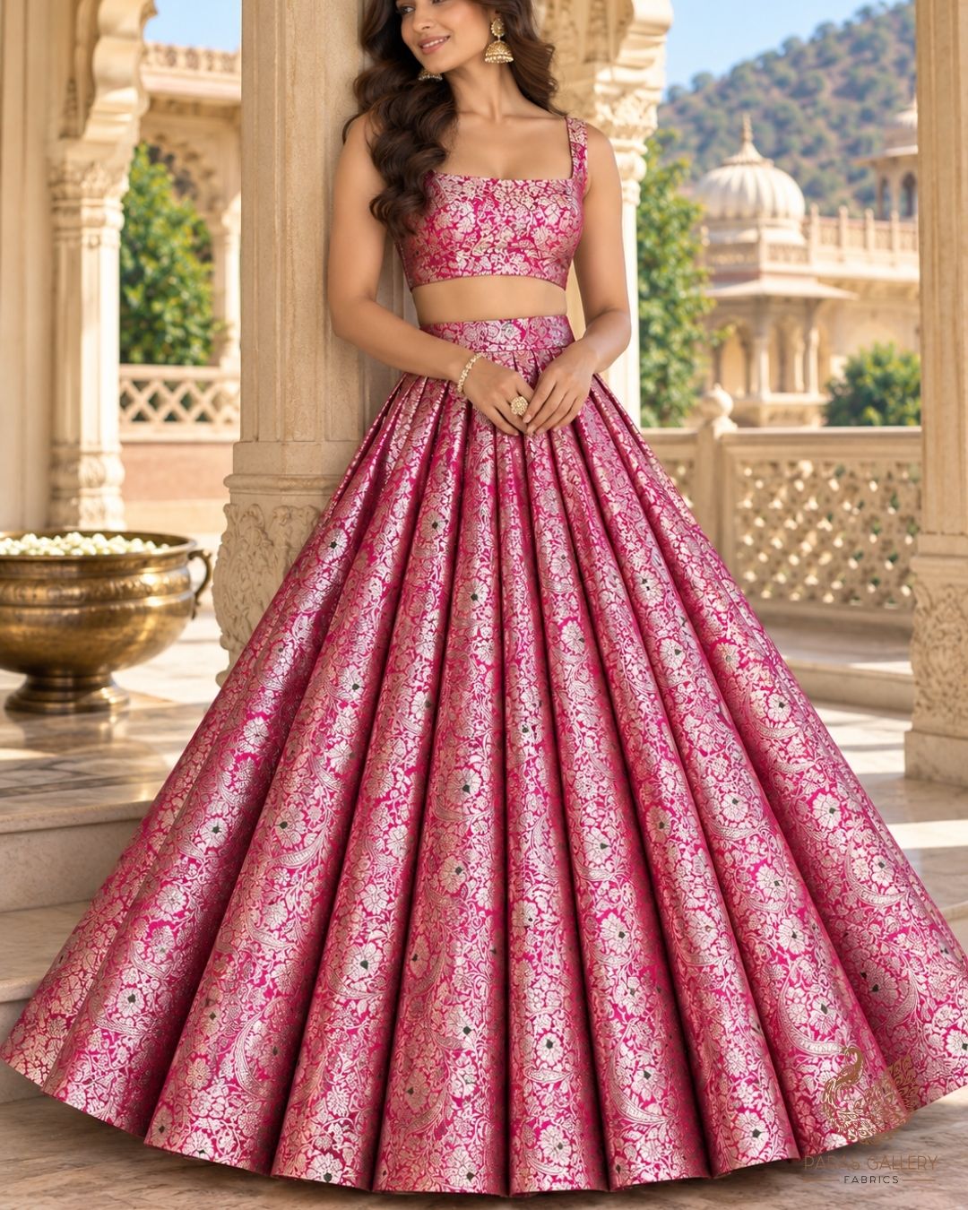 Pink Banarasi Brocade Fabric With All Over Thread And Zari Handloom 24271