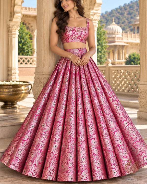 Pink Banarasi Brocade Fabric With All Over Thread And Zari Handloom 24271