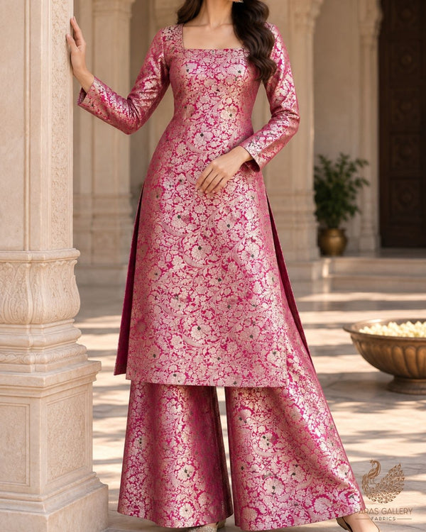 Pink Banarasi Brocade Fabric With All Over Thread And Zari Handloom 24271