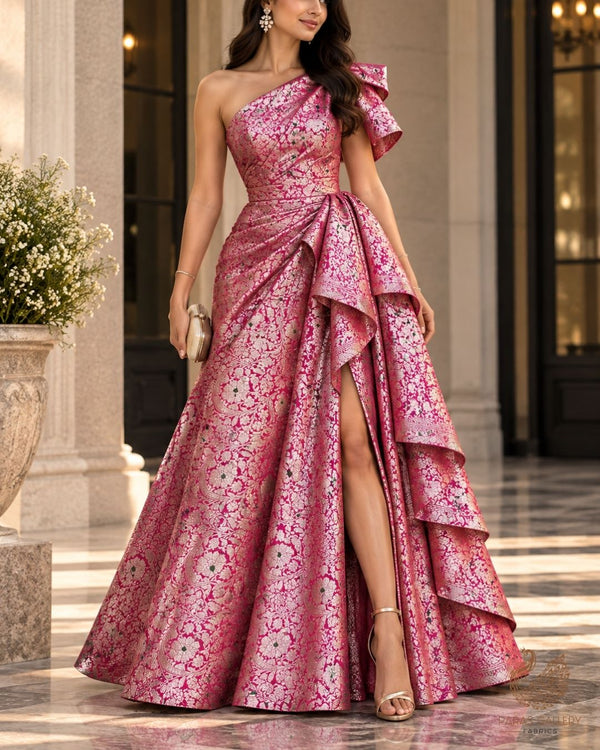 Pink Banarasi Brocade Fabric With All Over Thread And Zari Handloom 24271