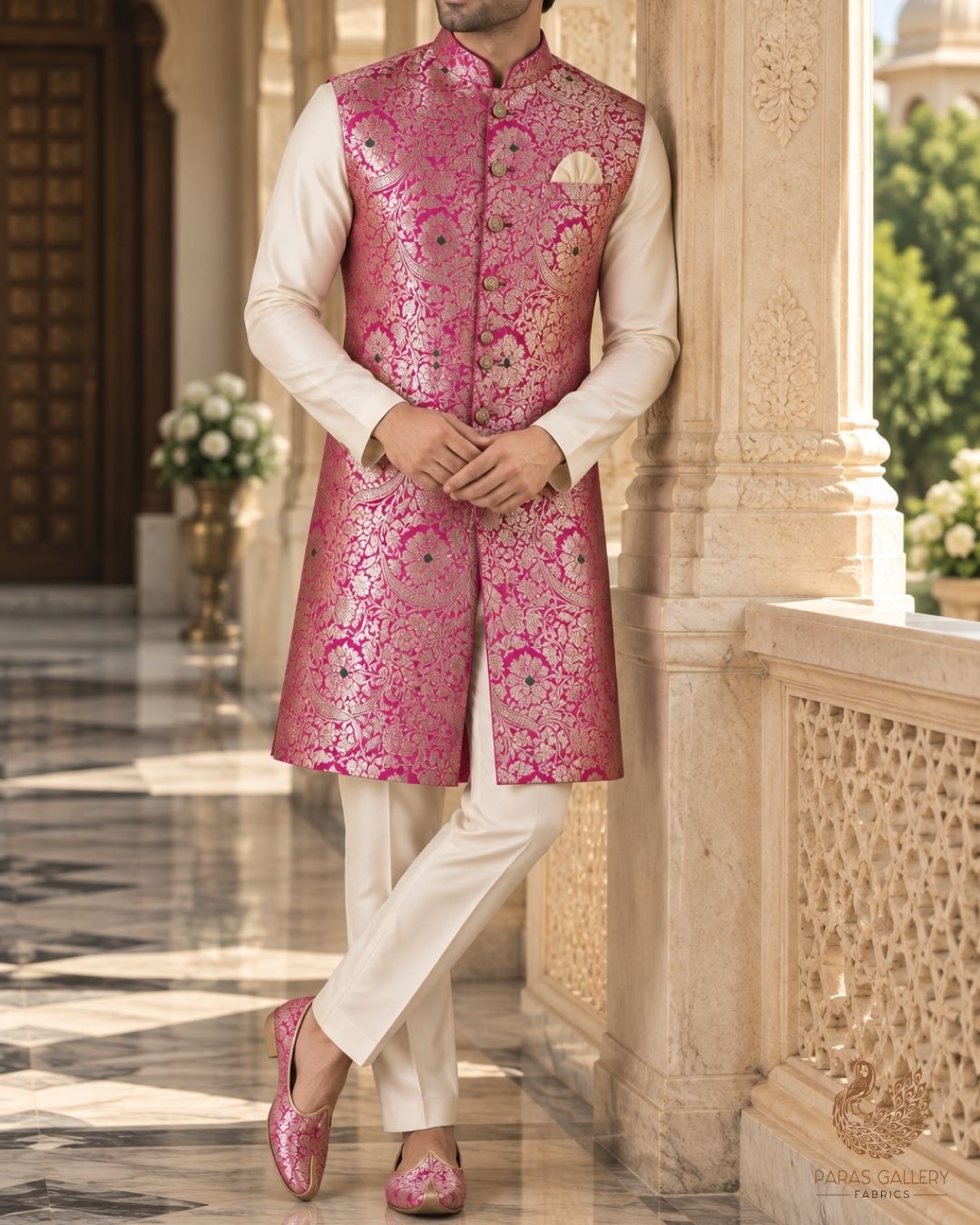Pink Banarasi Brocade Fabric With All Over Thread And Zari Handloom 24271