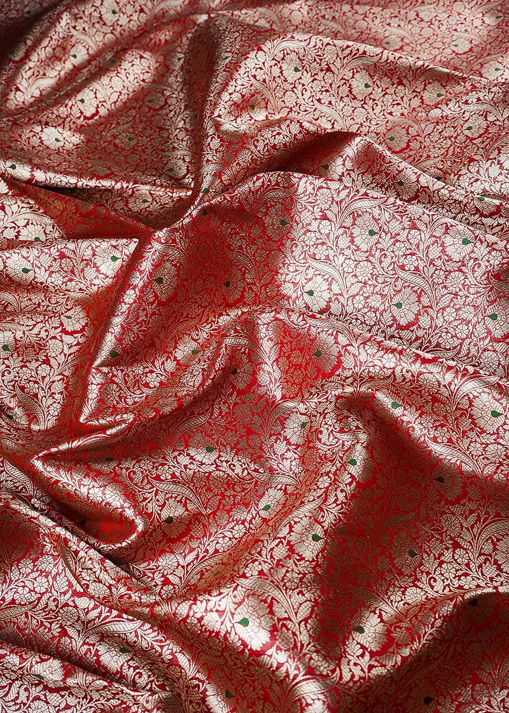 Red Banarasi Brocade Fabric With All Over Thread And Zari Handloom 24272