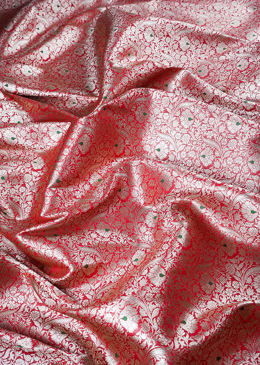 Red Banarasi Brocade Fabric With All Over Thread And Zari Handloom 24272