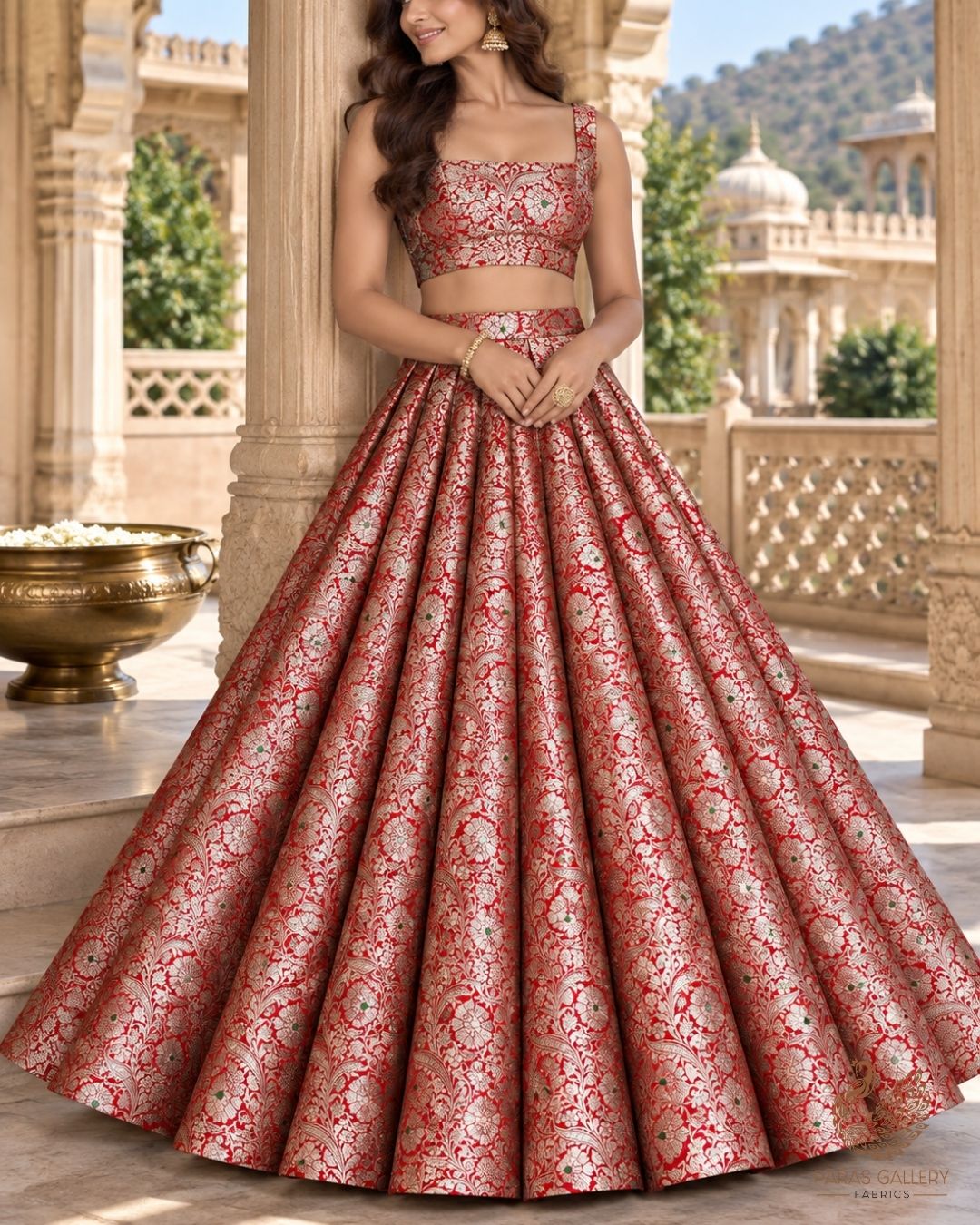 Red Banarasi Brocade Fabric With All Over Thread And Zari Handloom 24272