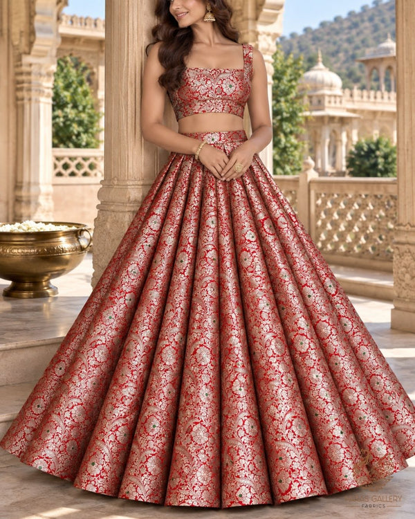 Red Banarasi Brocade Fabric With All Over Thread And Zari Handloom 24272