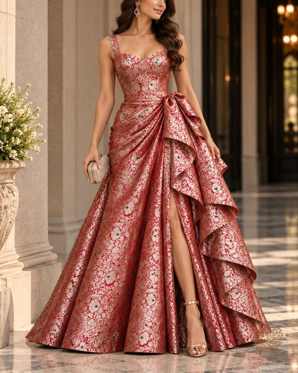 Red Banarasi Brocade Fabric With All Over Thread And Zari Handloom 24272