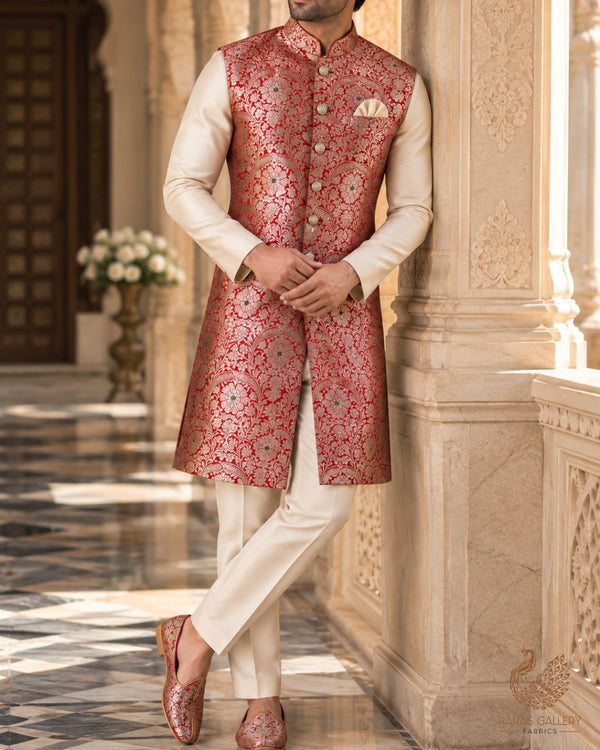Red Banarasi Brocade Fabric With All Over Thread And Zari Handloom 24272