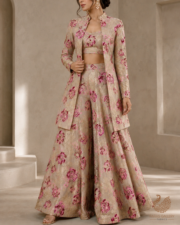 Beige Banarasi Brocade Fabric With All Over Thread And Golden Zari Handloom 24273