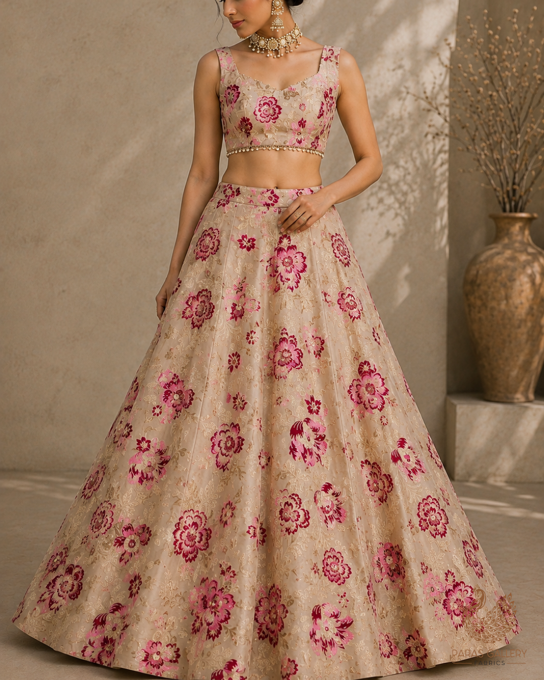 Beige Banarasi Brocade Fabric With All Over Thread And Golden Zari Handloom 24273