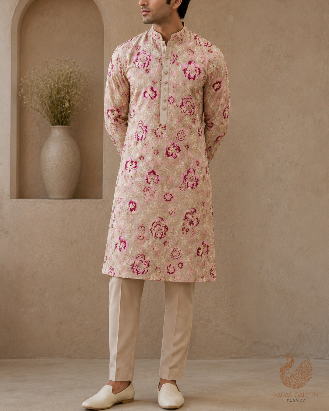 Beige Banarasi Brocade Fabric With All Over Thread And Golden Zari Handloom 24273