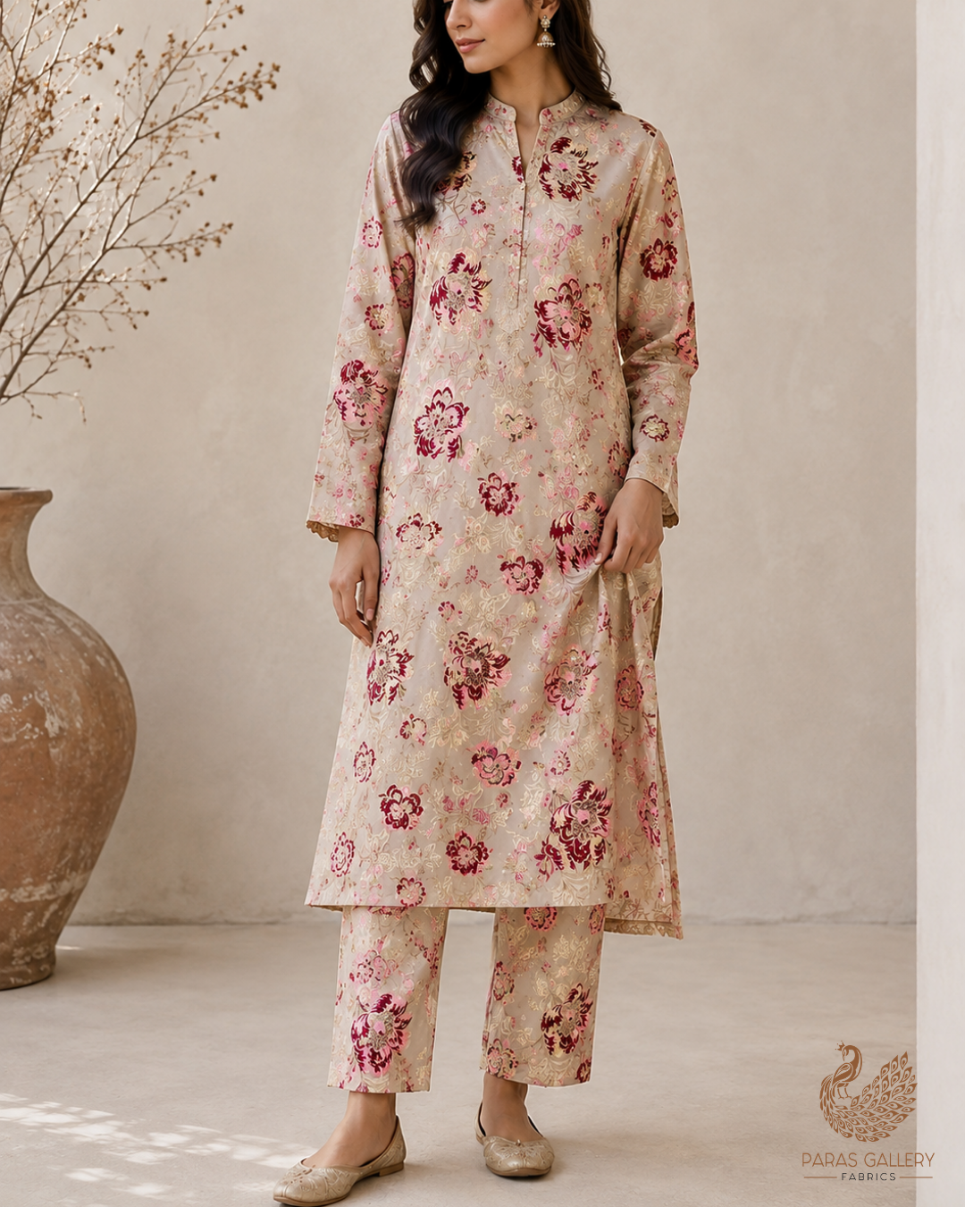 Beige Banarasi Brocade Fabric With All Over Thread And Golden Zari Handloom 24273