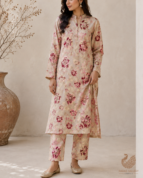 Beige Banarasi Brocade Fabric With All Over Thread And Golden Zari Handloom 24273