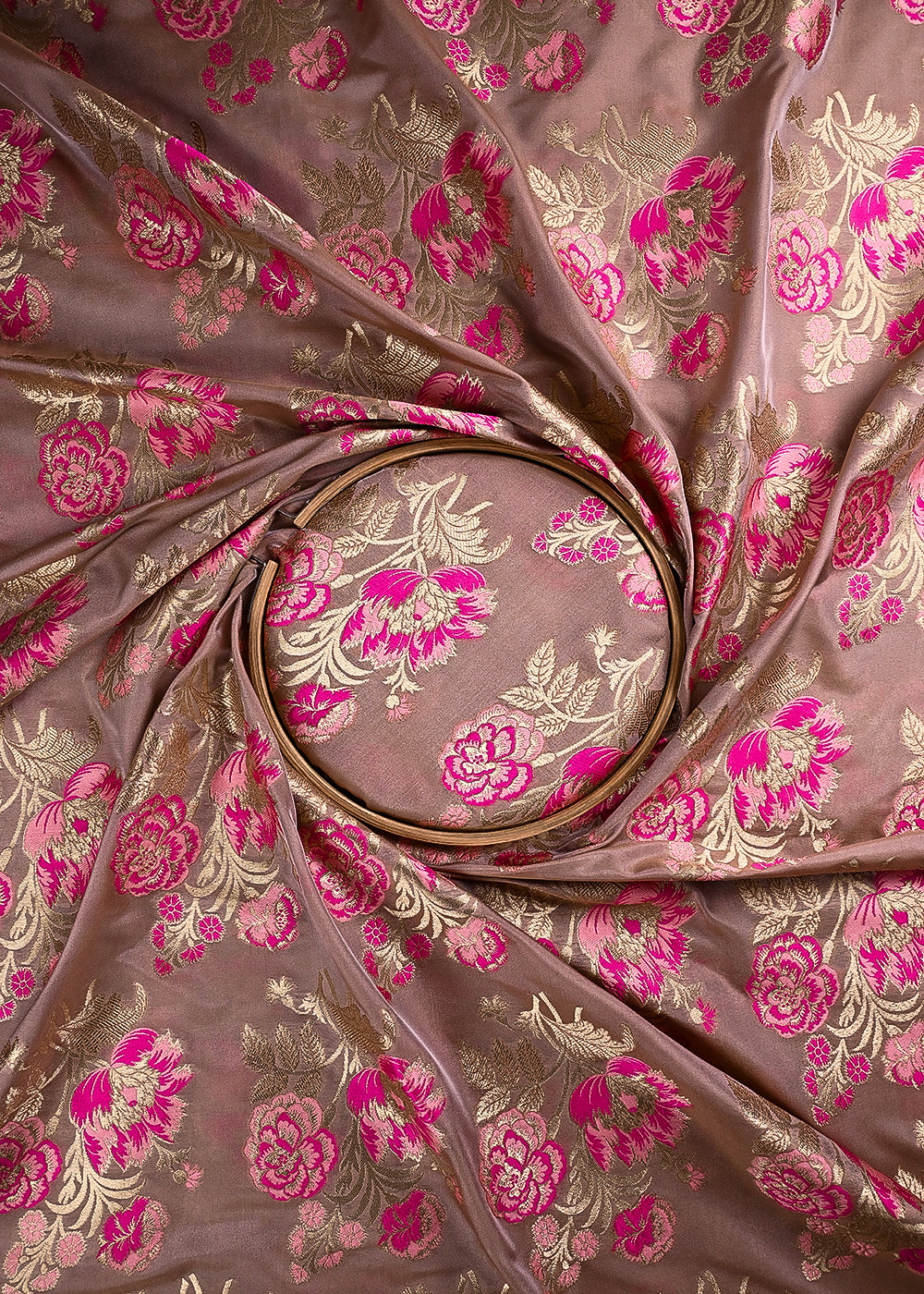 Peach Banarasi Brocade Fabric With All Over Thread And Golden Zari Handloom 24274