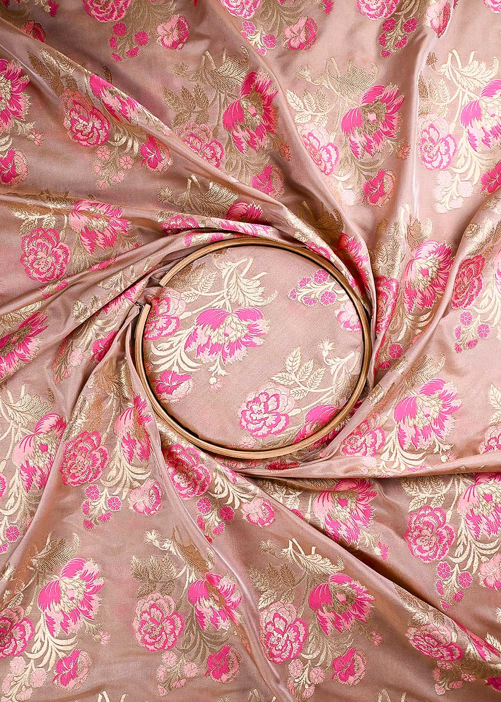 Peach Banarasi Brocade Fabric With All Over Thread And Golden Zari Handloom 24274