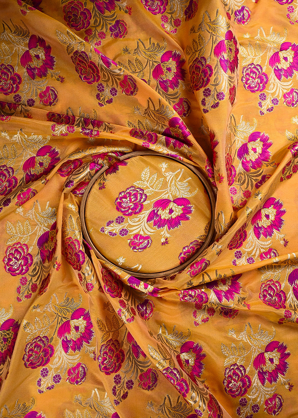 Mustard Banarasi Brocade Fabric With All Over Thread And Golden Zari Handloom 24275
