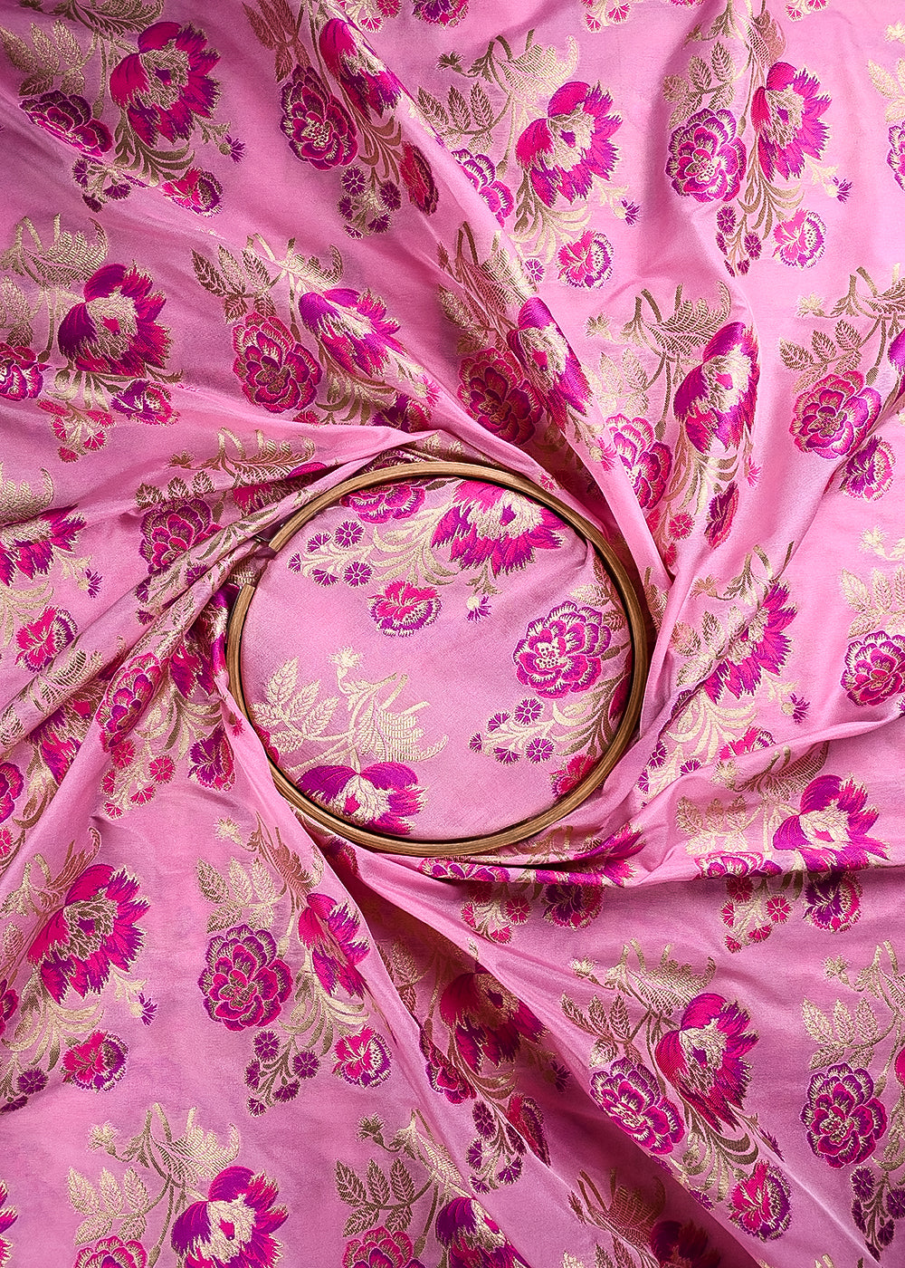 Pink Banarasi Brocade Fabric With All Over Thread And Golden Zari Handloom 24276