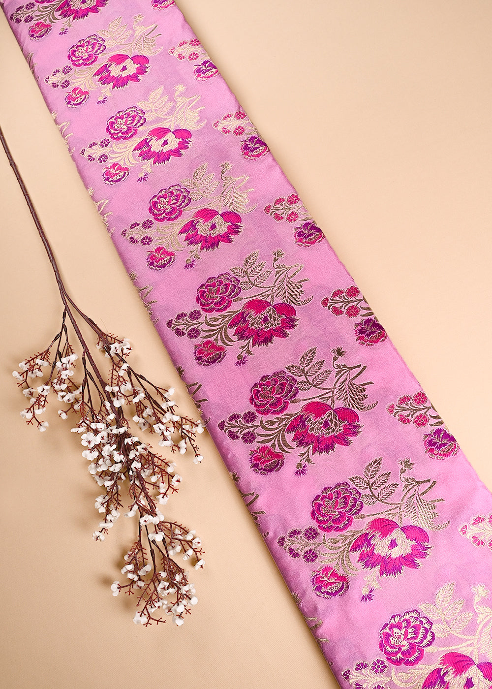 Pink Banarasi Brocade Fabric With All Over Thread And Golden Zari Handloom 24276