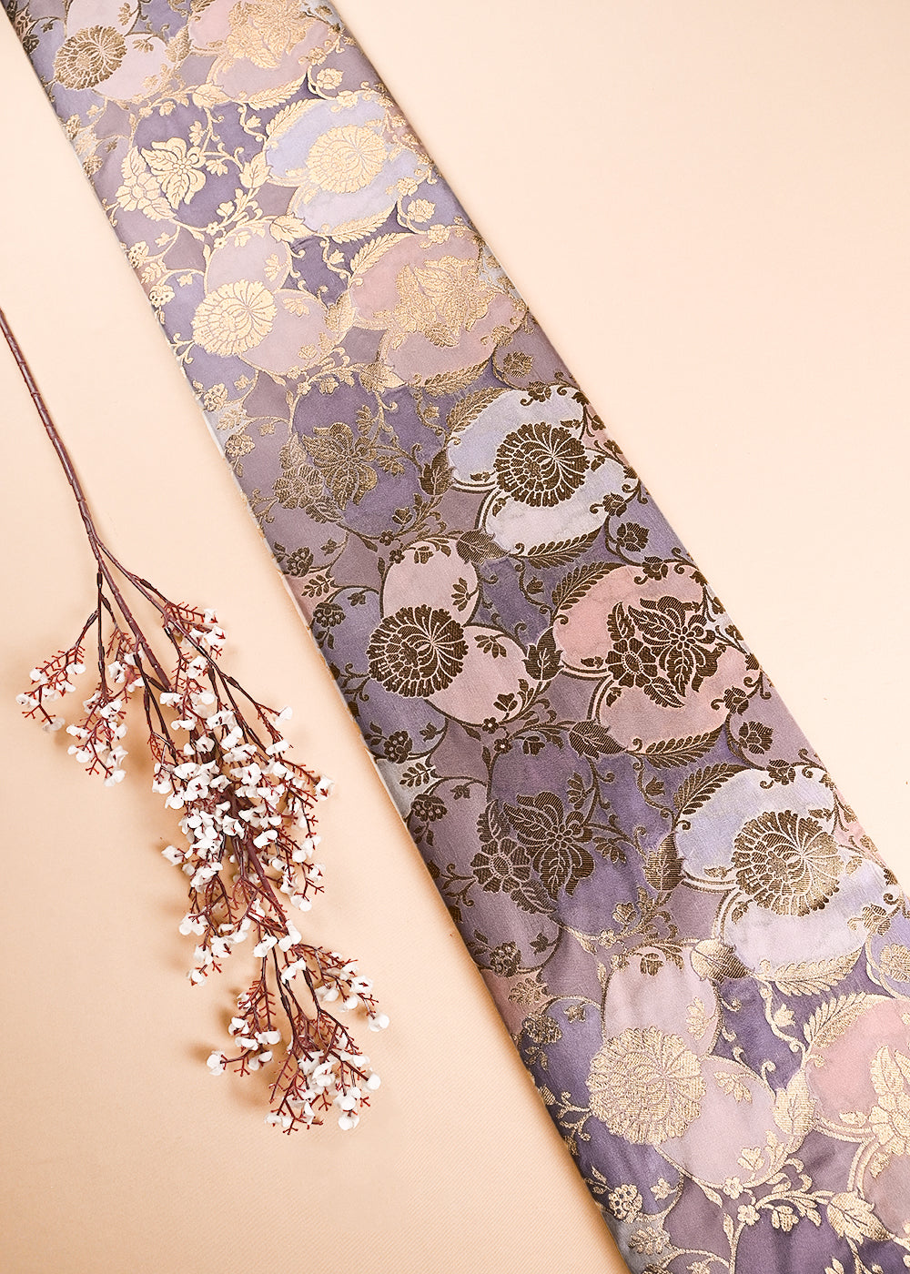 Lavender Banarasi Brocade Fabric With All Over Thread And Golden Zari Handloom 24277