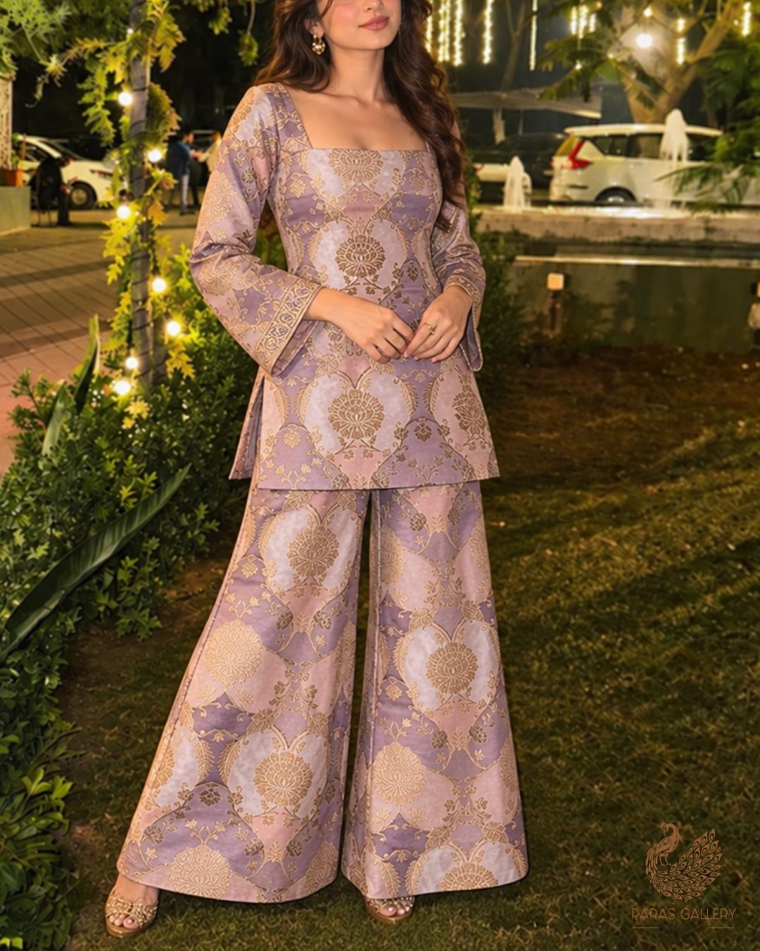 Lavender Banarasi Brocade Fabric With All Over Thread And Golden Zari Handloom 24277