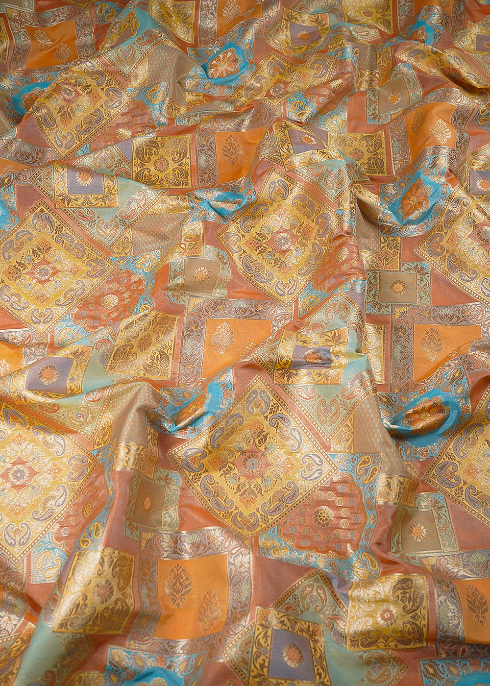 Orange Banarasi Brocade Fabric With All Over Thread And Golden Zari Handloom 24279