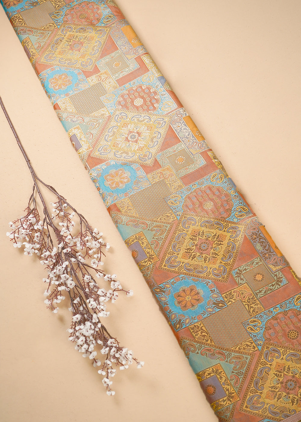 Orange Banarasi Brocade Fabric With All Over Thread And Golden Zari Handloom 24279