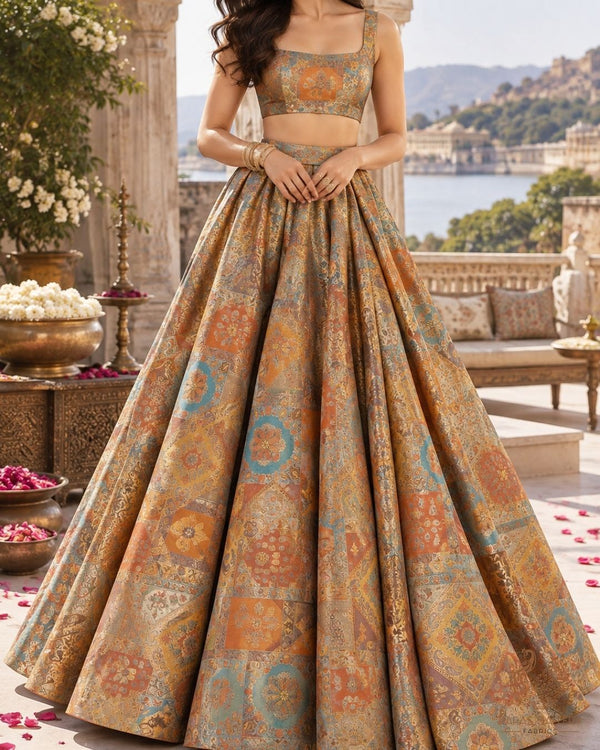 Orange Banarasi Brocade Fabric With All Over Thread And Golden Zari Handloom 24279