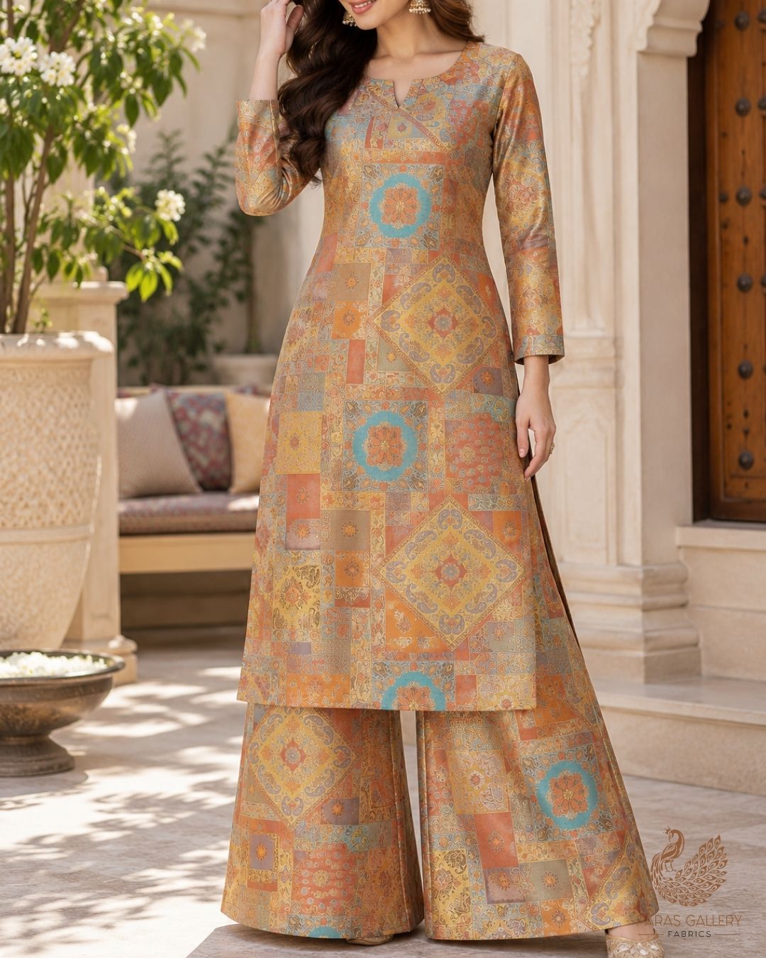 Orange Banarasi Brocade Fabric With All Over Thread And Golden Zari Handloom 24279