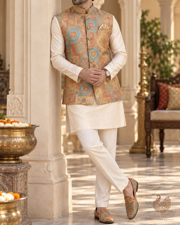 Orange Banarasi Brocade Fabric With All Over Thread And Golden Zari Handloom 24279