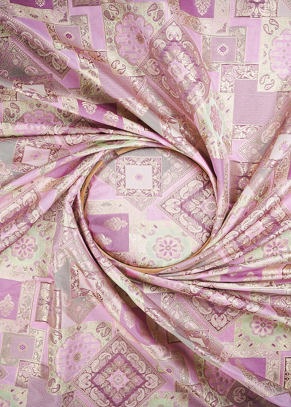 Pink Banarasi Brocade Fabric With All Over Thread And Golden Zari Handloom 24280