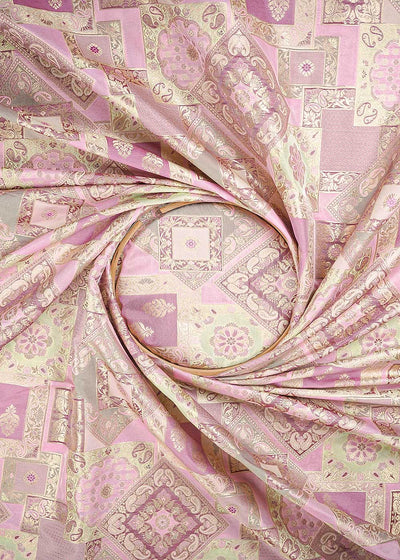 Pink Banarasi Brocade Fabric With All Over Thread And Golden Zari Handloom 24280