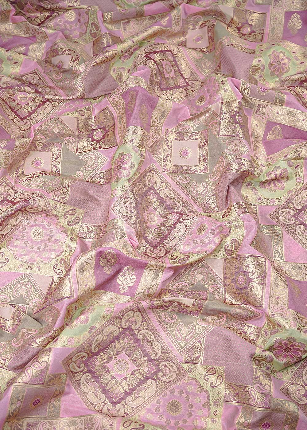 Pink Banarasi Brocade Fabric With All Over Thread And Golden Zari Handloom 24280