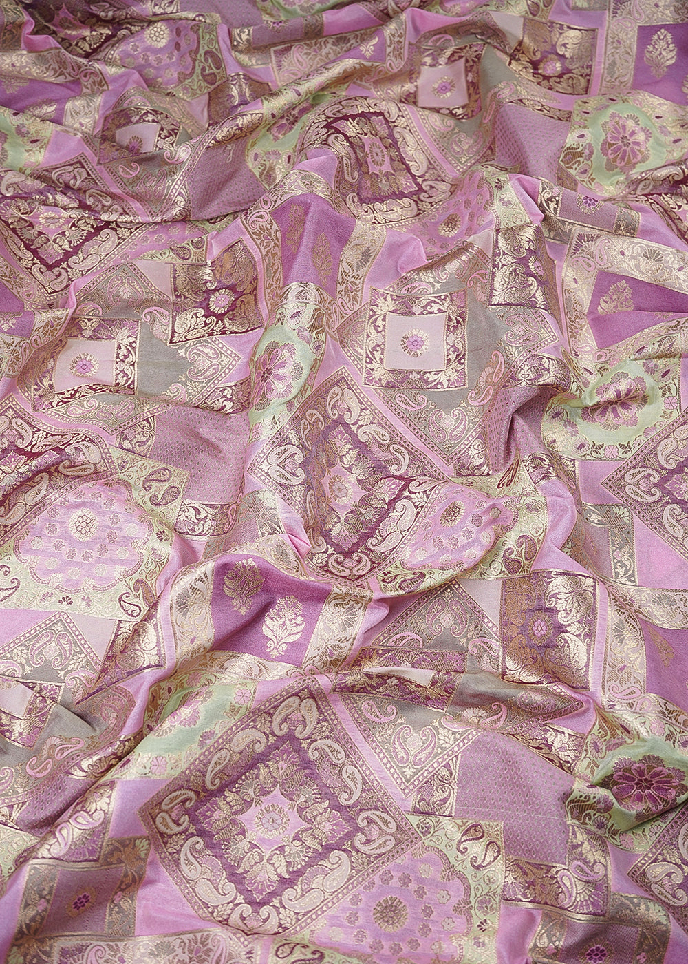 Pink Banarasi Brocade Fabric With All Over Thread And Golden Zari Handloom 24280