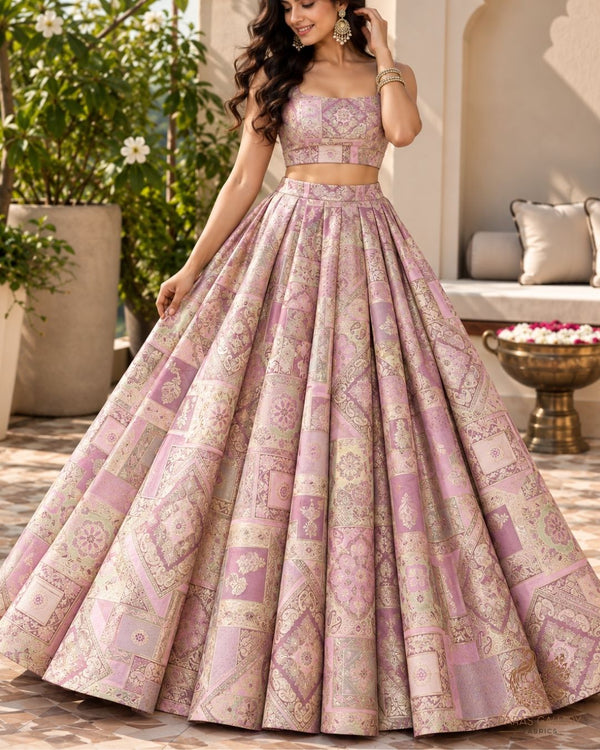 Pink Banarasi Brocade Fabric With All Over Thread And Golden Zari Handloom 24280