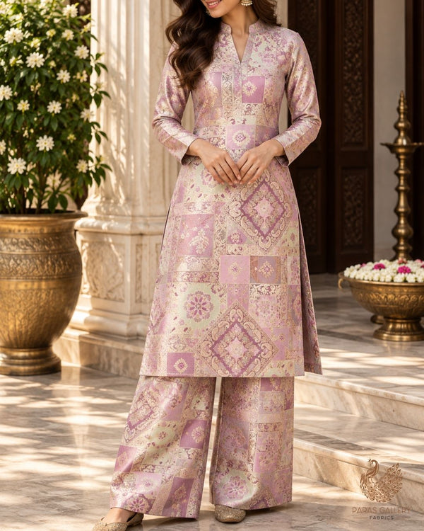 Pink Banarasi Brocade Fabric With All Over Thread And Golden Zari Handloom 24280