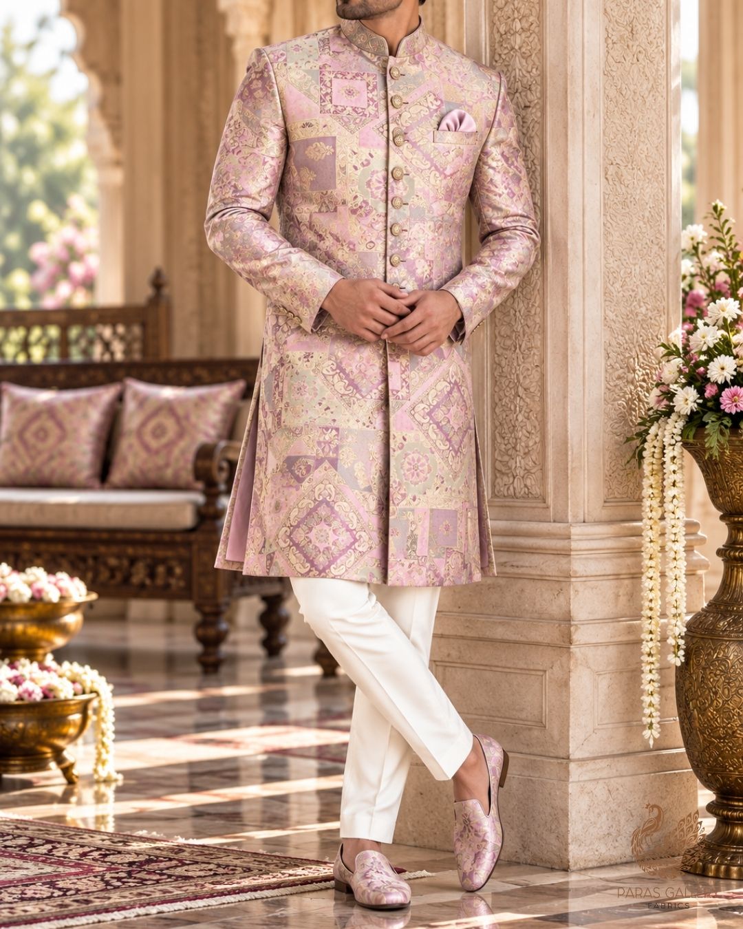 Pink Banarasi Brocade Fabric With All Over Thread And Golden Zari Handloom 24280