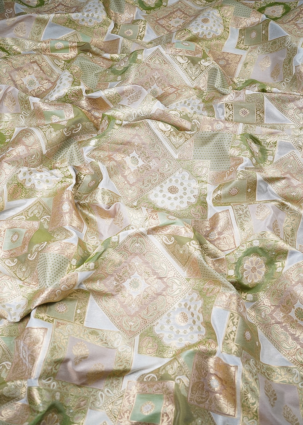 Green Banarasi Brocade Fabric With All Over Thread And Golden Zari Handloom 24282