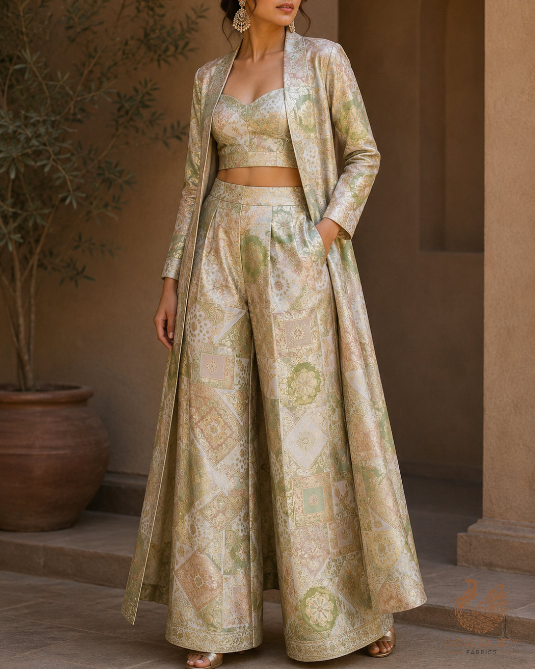 Green Banarasi Brocade Fabric With All Over Thread And Golden Zari Handloom 24282