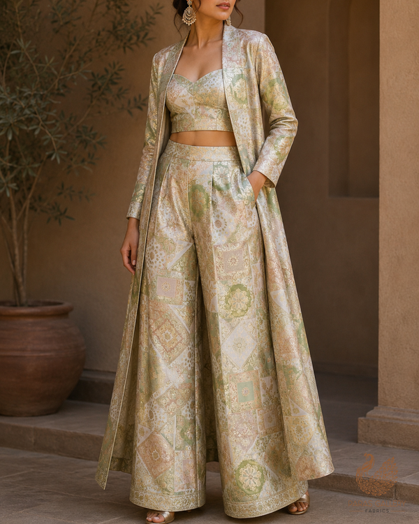 Green Banarasi Brocade Fabric With All Over Thread And Golden Zari Handloom 24282