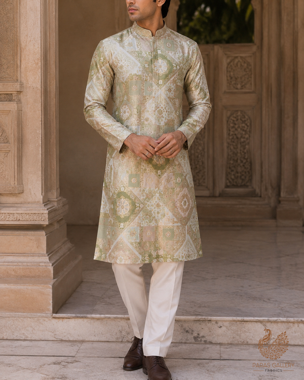 Green Banarasi Brocade Fabric With All Over Thread And Golden Zari Handloom 24282