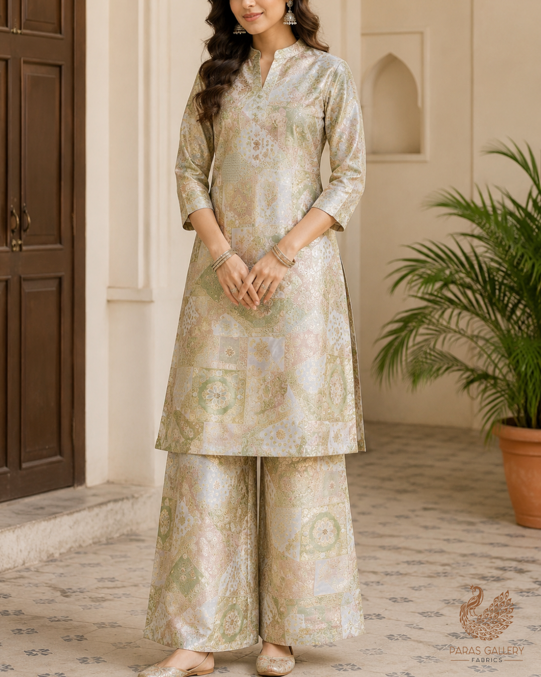 Green Banarasi Brocade Fabric With All Over Thread And Golden Zari Handloom 24282