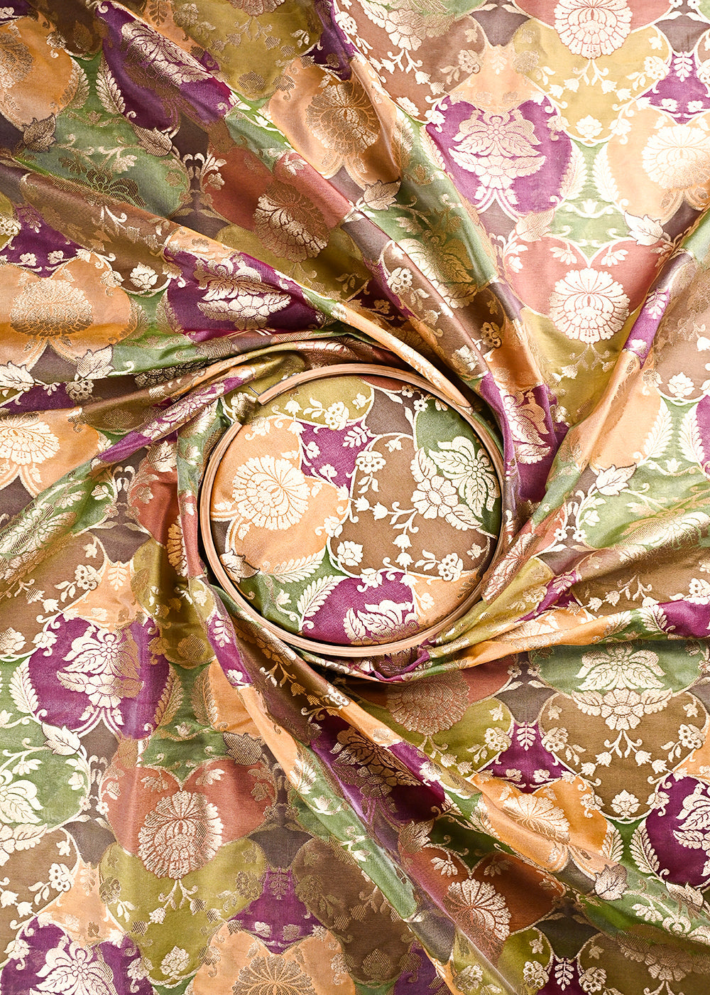 Green Banarasi Brocade Fabric With All Over Thread And Golden Zari Handloom 24285